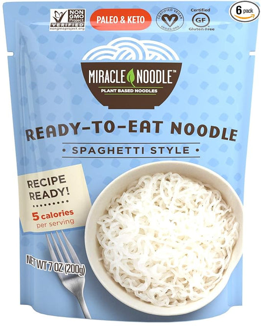Miracle Noodle Ready to Eat Spaghetti Pasta, 7 Oz (Pack of 6), Plant Based Shirataki Konjac Noodles, 5 Calories, 1g Net Carbs Per Serving, Keto, Gluten-Free
