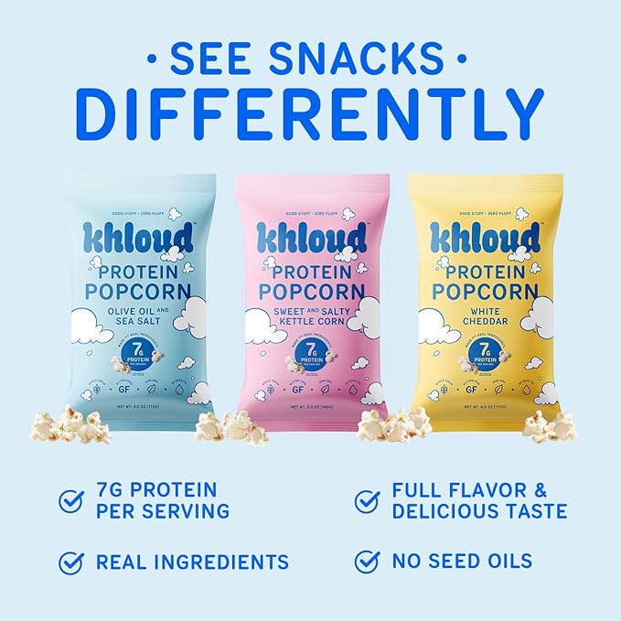 Khloud Protein Popcorn, 6 Pack Variety Pack - Protein Popcorn Made with Real Simple Ingredients & 7g Protein - Non-GMO, Gluten Free & Kosher - Healthy Snacks