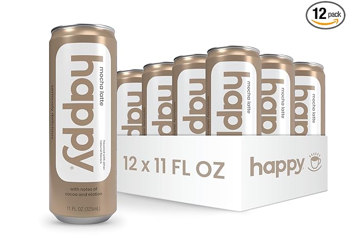 happy coffee canned mocha latte, 11 oz. cans, 12 pack, notes of cocoa & elation, 100% arabica beans, no artificial flavors or sweeteners