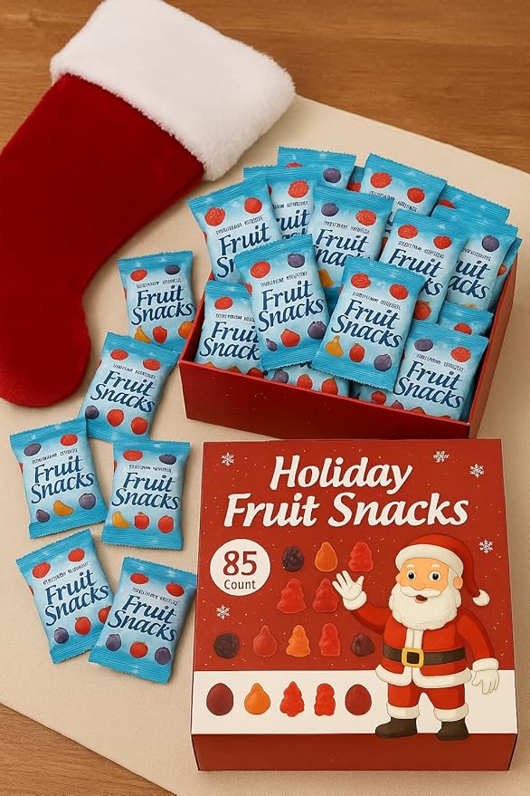 Holiday Fruit Snacks Variety Box – 85 Count – Individually Wrapped Mixed Fruit Gummies – Festive Christmas Treats for Stockings, Parties & Gifts. Made With Natural Fruit Flavor