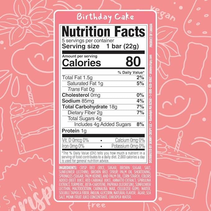 Skinny Crispy Birthday Cake Rice Treats – Low Sugar (4g), Vegan, Gluten-Free, Dairy-Free, Non-GMO, Top 9 Allergen-Free, Healthy Snack Bars, 12 Count