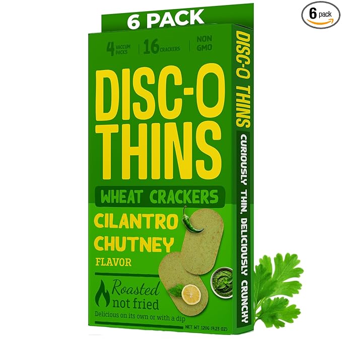 Disc-O Thins Whole Wheat Crackers - Crunchy Roasted Snack, High-Fiber & Low-Fat On-the-go Snack Chips, 96pcs (Cilantro Mint Chutney) - Vegan Healthy Travel Snack, Non-GMO - Great with Spicy Dips, Salsa or Beer