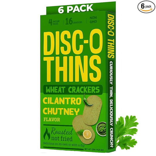 Disc-O Thins Whole Wheat Crackers - Crunchy Roasted Snack, High-Fiber & Low-Fat On-the-go Snack Chips, 96pcs (Cilantro Mint Chutney) - Vegan Healthy Travel Snack, Non-GMO - Great with Spicy Dips, Salsa or Beer