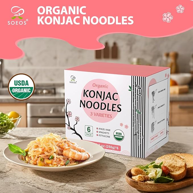 Soeos Konjac Noodles, Organic Shirataki Noodle, Low Calorie, Keto and Paleo Friendly, 3 Variety Noodles, 52.8 Ounce (Pack of 6)