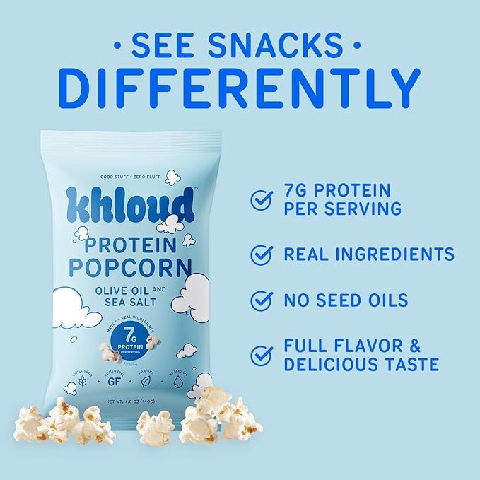 Khloud Protein Popcorn - Olive Oil & Sea Salt - 7g Protein Snacks for Adults & Kids - Flavored Popcorn Made with Real Ingredients & Milk Protein Isolate - Non-GMO, Gluten-Free, Kosher - 4oz, 12pk