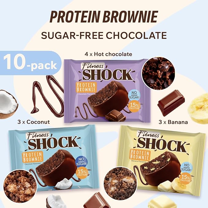 FitnesSHOCK Protein Brownie Variety Pack – 10 Count – Dark Chocolate, Banana & Coconut – No Added Sugar, Dessert Alternative, Soft Baked, 15% Protein, 10x50g – Low Sugar Snack