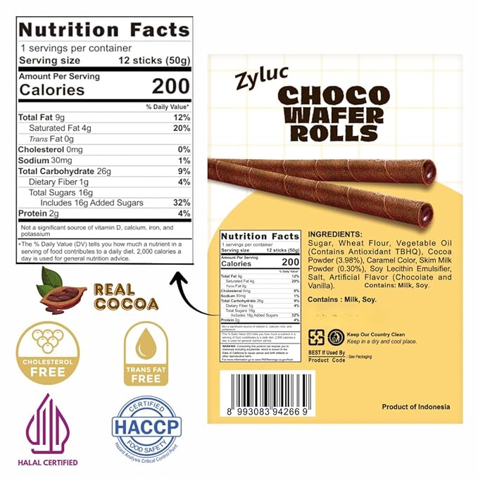 Zyluc Chocolate Wafer Rolls – Crispy Cream-Filled Cookies with Real Cocoa, Portion-Controlled Snack, Cholesterol Free, No Trans Fat, 200 Cal per Pack (50g) – Pack of 20