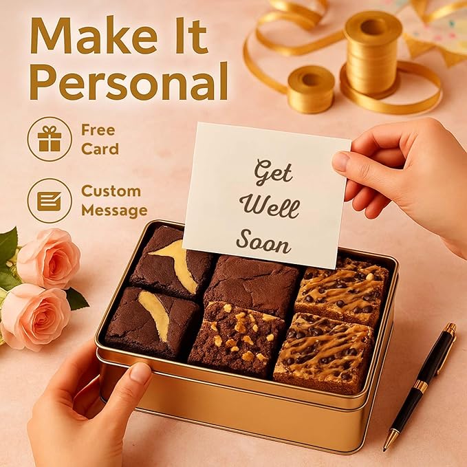 Get Well Soon Gift Basket - 18 Individually Wrapped Brownies Freshly Baked in a Variety of Flavors - Dulcet's Signature Flavored Fudge Brownies - Gift Box Comes with Get Well Card