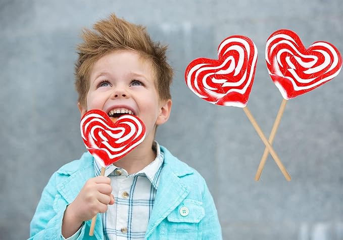 Fruidles 24-Pack Jumbo Swirl Lollipop Red and White Heart Design, Party Bag Fillers, Individually Wrapped, 80g (24-Pack)
