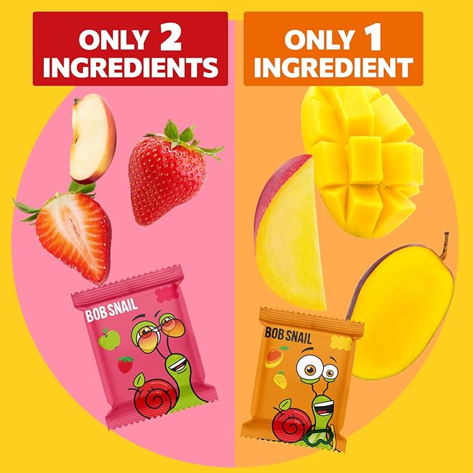 Bob Snail Fruit Roll Ups – 50 Natural Fruit Snacks (Mango & Strawberry), Vegan, No Added Sugar, Healthy On-the-Go Pack, 500g