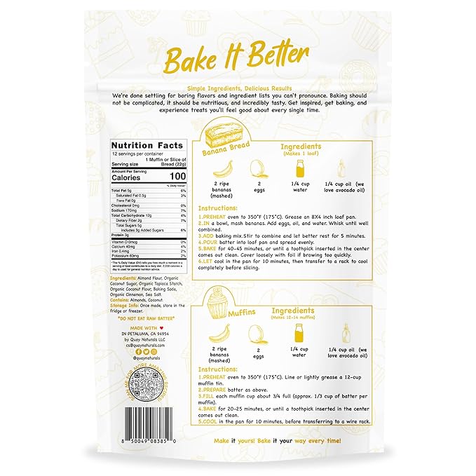 Quay Naturals Grain-Free Banana Bread & Muffin Mix, 9 oz - Almond Flour Baking Mix for Gluten Free Bread, Cake Mix & Brownie Mix, Made with Coconut Sugar, Non-GMO, Dairy-Free, Vegan-Friendly