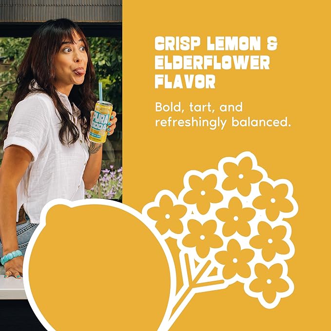 PuraSoda® Lemon & Elderflower | Low-Calorie, Cane Sugar Soda Beverage | Non-GMO, Vegan | Made with Pure Cane Sugar, Clean & Refreshing | 10.1 fl oz (300ml) Cans, Pack of 24
