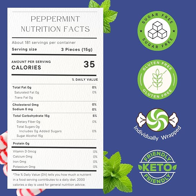 Sugar Free Peppermint Hard Candy Individually Wrapped - 6 Pounds Bulk Candy – Low-Calorie & Diabetic Friendly - Great for Parties and Sharing - Gluten Free Mints Bulk