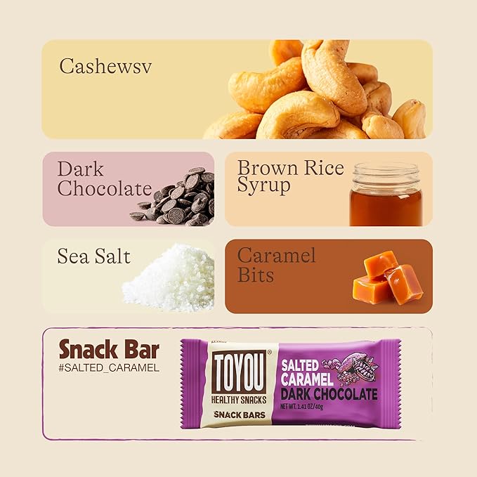 ToYou Gluten Free Chewy Fruit and Nut Bars - Healthy Protein Snacks | Salted Caramel Dark Chocolate - 1.41 Ounce (Pack of 12) | Soft Chewy, Fiber-Packed Granola Bars for Adults and Kids, Made with Natural Ingredients