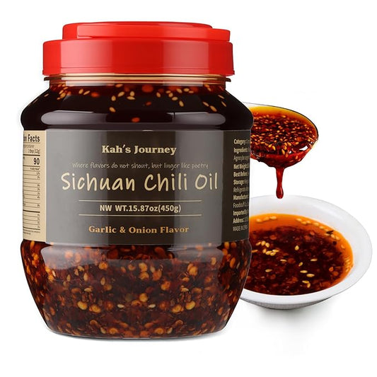 Kah's Journey Xtra Spicy Szechuan Chili Oil - 15.87oz (450g) Garlic and Onion Flavor, Vegan, Sugar Free Chili Sauce with Spicy Chili Crisp, Good on Noodles, Meats, Veggies
