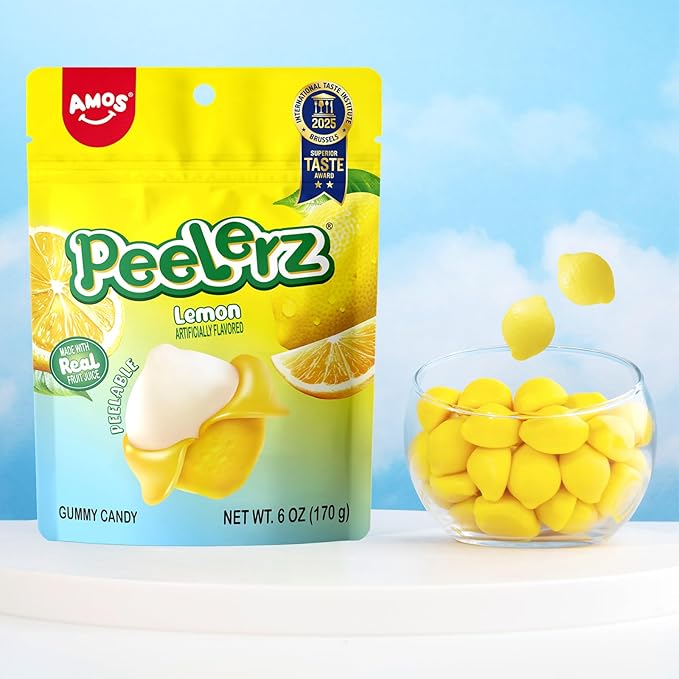 Amos Peelerz Gummy Candy Variety Pack – 6 Fruit Flavors (Mango, Banana, Lychee, Peach, Green Apple, Lemon) – Soft & Chewy Fruit Snacks with Real Juice – Fun Peelable Candy for Kids & Adults, 6 Bags