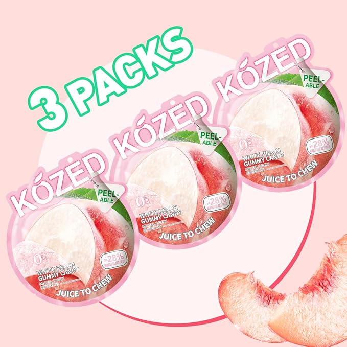 Happy Global Kozed Peelable Gummy Candy White Peach Flavors 3 Pack, Fun Fruity Role Party Snack, Chewy Sweet Treat with Juicy Flavor,Halal-Certified Holiday Gifts