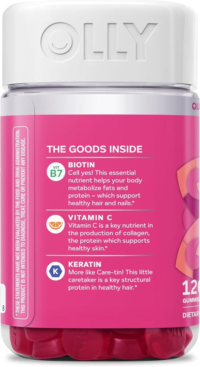 OLLY Undeniable Beauty Gummy, for Healthy Hair, Skin & Nails,* Biotin, Vitamins C & E, Keratin, Chewable Supplement, Grapefruit Flavored, 60 Day Supply - 120 Count