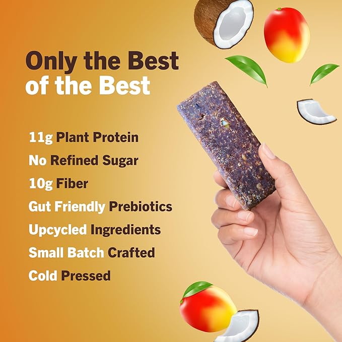 Amrita Mango Coconut High Protein Bars, 15g Plant Based Protein, Gluten-Free, Dairy-Free, Nut-Free, Low-Sugar Meal Replacement Bars, Vegan Snacks, 12 Bars