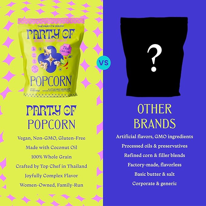 Party of Thai Chili Lime Popcorn Snack – Savory Citrus Heat with Spicy Kick – Gluten-Free, Veggie-Based, Healthy Snack – Individually Wrapped for Easy Snacking – Full Size Box of 4 – Chili Lime