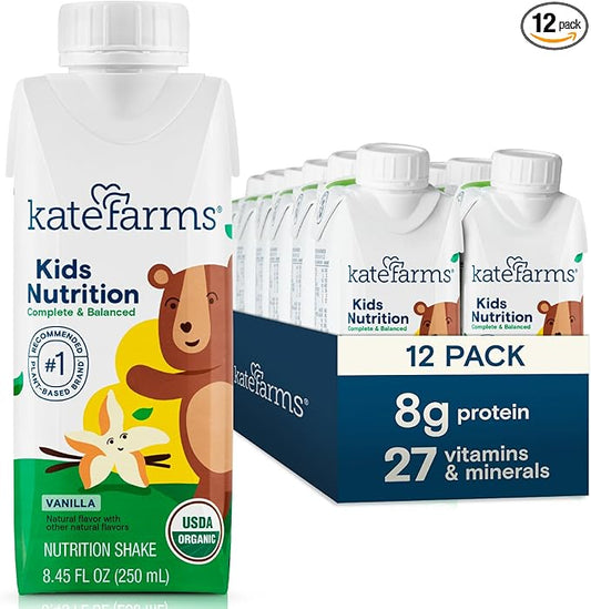 KATE FARMS Organic Kids Nutrition Vanilla Shake, 8g Protein, 27 Vitamins and Minerals, Meal Replacement, Gluten Free, Non-GMO, 8.45 oz (12 Pack)