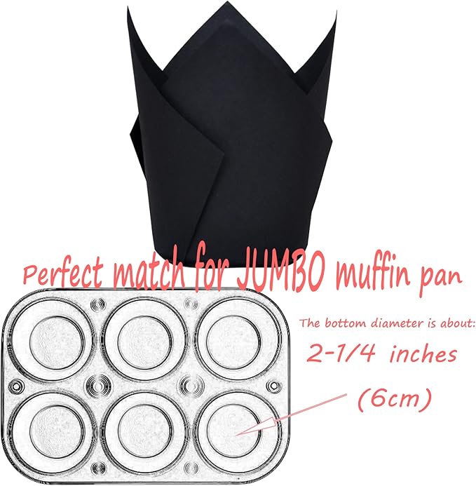 MyBakning Black color Large size Tulip Baking Cups 2-1/4"(Base diameter) x 4"(Wall height) Parchment paper baking cupcake Muffin liners, Case of 130 pcs