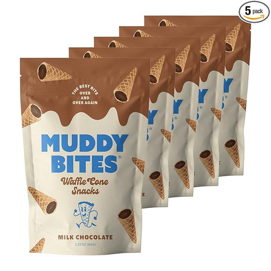 Muddy Bites Waffle Cone Snacks Bite Sized Chocolate Filled Waffle Cones for Snack or Dessert, Ice Cream Topping, Premium Chocolate made with Pure Cane Sugar, Kosher (Milk Chocolate, 5 Bags)