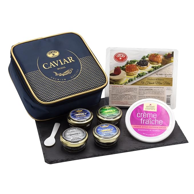 OLMA Regal Caviar Gift Set - 4 oz (112g) of Caviar, Includes Kaluga Royal, Siberian Osetra Aurora, Hackleback, White Sturgeon, Serving Spoon & Blinis - Superior Grade Fresh Roe Fish Eggs