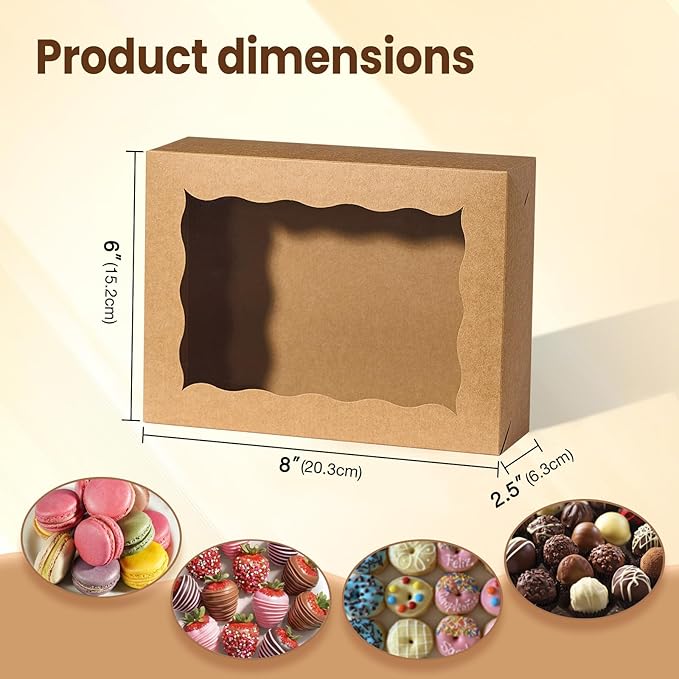 20PCS Brown Cookie Boxes with Window, 8x6x2.5 Inch Gift-Ready Pastry Box for Chocolate Strawberries, Macarons, Truffles, Perfect for Thanksgiving Day,Father's Day, Christmas Party Favors