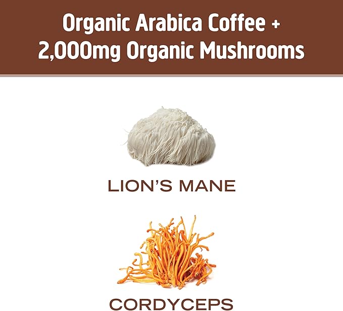OM MUSHROOM SUPERFOOD Instant Coffe – Organic Arabica with Lion’s Mane, Cordyceps, Reishi, Turkey Tail & Ginkgo Biloba – Supports Energy, Focus & Mental Clarity – Single Serve Pack (10 Count)