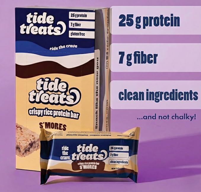 Crispy Rice Protein Treat Bar | 25 g Protein, Low Sugar, Clean Ingredients, 7 g Fiber, Gluten Free | High Protein Snack for On-the-Go, Post-Workout or Dessert Cravings | 8 Count (S'mores)
