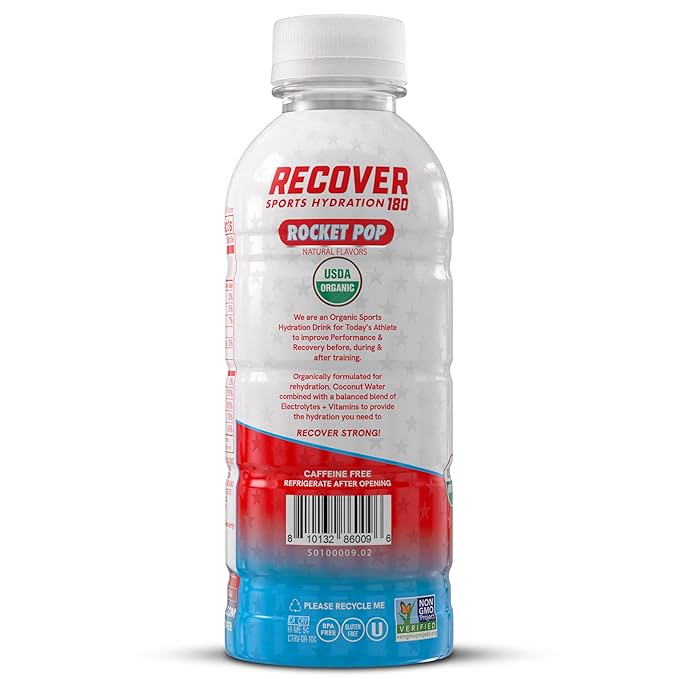 RECOVER 180 Organic Sports Hydration Drink, No Sugar Added, 20 Calorie Sports Beverage, Organic Flavors With Vitamins, Potassium-Packed Electrolytes (16.9 Fl Oz (Pack of 12), Rocket Pop)
