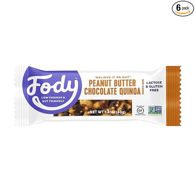 Fody Foods Snack Bars, Peanut Butter Chocolate Quinoa, 1.41 Oz (Pack of 6), 6g Protein, Low FODMAP, Gut & IBS Friendly, Vegan, Lactose Free, Non-GMO, Gluten Free