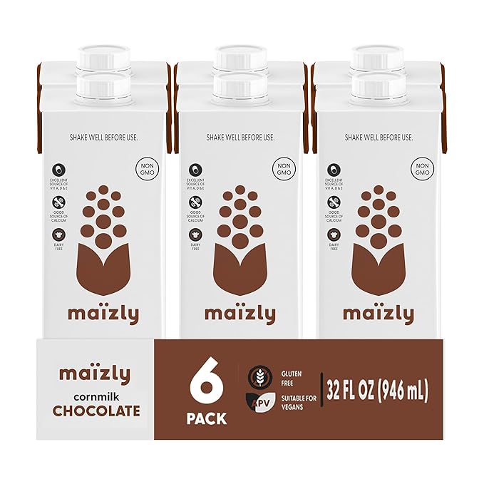 Maizly 32 fl oz | Non‑GMO Corn Milk Alternative | Allergen‑Free, Seed‑Oil‑Free, Smooth & Neutral Flavor | Excellent Source of Fiber & Vitamins A, D, E, and a Good Source of Calcium | Great for Homes, Cafés & Daily Use (32 Fl OZ (Pack of 6), Maizly Choc...