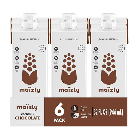 Maizly 32 fl oz | Non‑GMO Corn Milk Alternative | Allergen‑Free, Seed‑Oil‑Free, Smooth & Neutral Flavor | Excellent Source of Fiber & Vitamins A, D, E, and a Good Source of Calcium | Great for Homes, Cafés & Daily Use (32 Fl OZ (Pack of 6), Maizly Choc...
