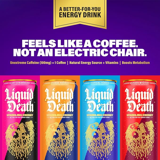 Liquid Death Sparkling Energy - Tropical Terror (Classic Piña Colada), Zero Sugar Energy Drink, Unextreme Caffeine 100mg, Essential Vitamins, 12 Fl Oz (Pack of 12)