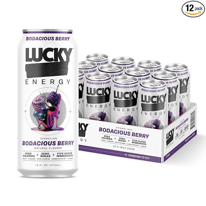 Lucky Energy Sugar Free Energy Drinks, Bodacious Berry, 16oz Cans (12-Pack) Healthy, Zero Sugar Energy Drink with Maca, Ginseng, Beta-Alanine, Taurine & 200mg Caffeine