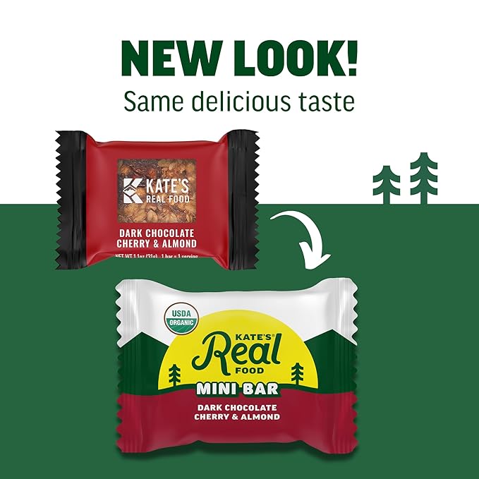 Kate’s Real Food Mini Organic Granola Bars - Dark Chocolate Cherry Almond (1.1 oz, Pack of 24) - Organic Energy Bars Made with Gluten Free Oats - Non GMO, Soy Free, Whole Grains, and All Natural - Healthy Snacks