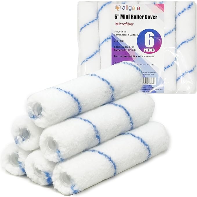 Allgala Mini Paint Roller 6" Mini 3/8" Nap Shedless Microfiber Roller Cover for Door Trim Furniture Cabinets - 6 Pack