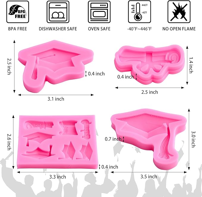 CLUEWR 4 PCS Graduation Chocolate Fondant Molds, Silicone Graduation Cap Diploma Candy Molds for Cake, Cupcake Decorations, Graduation Party Supplies