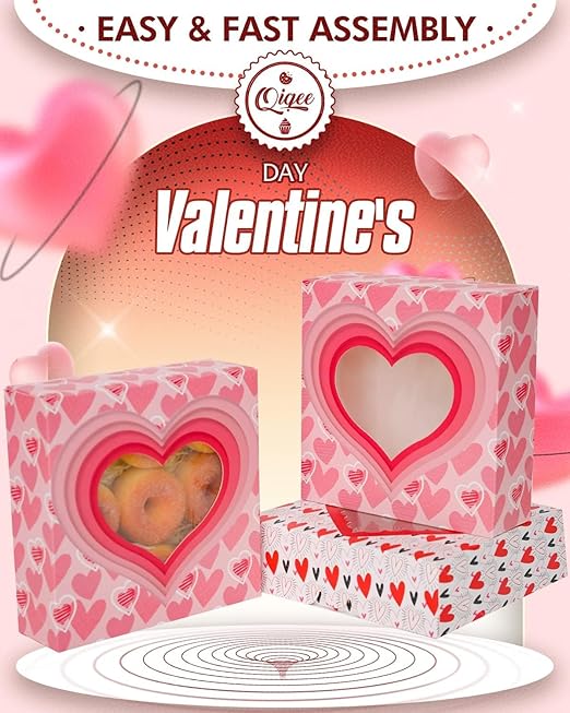 qiqee Auto-pop Up Valentine Pastry Box With Window 8x8x2.5 inch Donut Pie Boxes 12pcs Bakery Box for Valentine''s Day