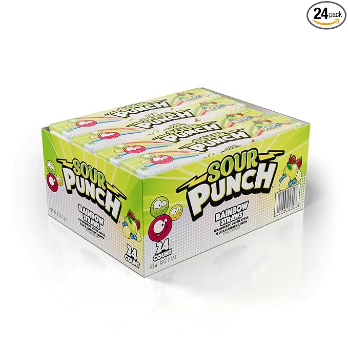 Sour Punch Straws, Rainbow Fruit Flavors, Chewy Sweet & Sour Candy, 2oz Tray (24 Pack)