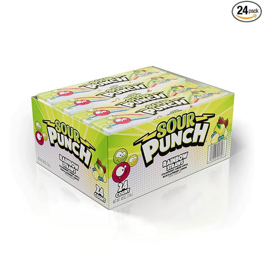 Sour Punch Straws, Rainbow Fruit Flavors, Chewy Sweet & Sour Candy, 2oz Tray (24 Pack)