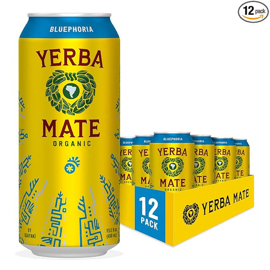 Yerba Madre Organic Yerba Mate, Energy Drink Alternative, Bluephoria, 150mg Natural Plant Based Caffeine, Better for You Energy & Focus, No Jitters or Crash, 15.5 Oz (Pack of 12) (Packaging May Vary)