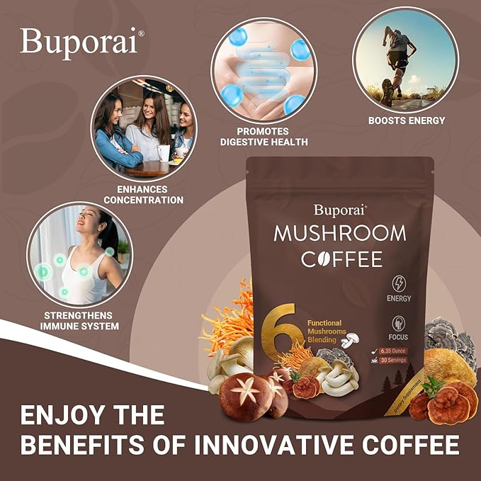 Mushroom Coffee, Instant Mushroom Coffee with 6 Mushrooms Lion’s Mane, Cordyceps, Turkey Tail & Other for Energy, Focus, Digestion, Immunity, 30 Servings (1 Pack)