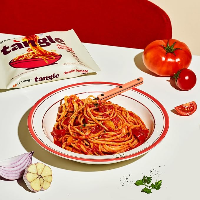 Samyang Tangle Chunky Tomato Pasta | Instant Pasta | Mukbang | 15g of Protein | Linguine | 6g of Fiber | Chick Pea based | Easy Prep | Convenient | 4 Pack