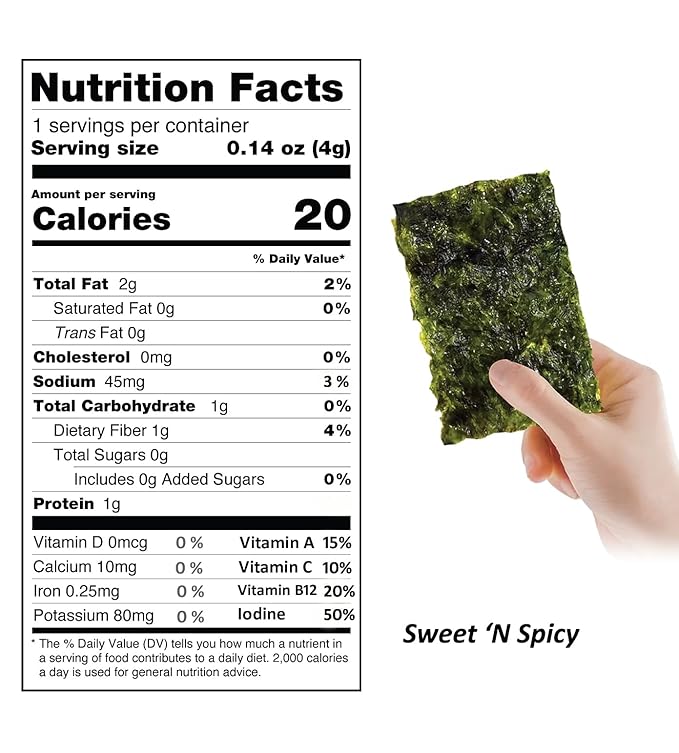 KIMNORI Seasoned Seaweed Snacks Sheets – Sweet ’N Spicy, 24 Individual Packs, Roasted Crispy Premium, 100% Natural Laver, 0.14 Ounce