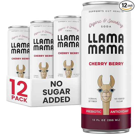 Llama Mama Cherry Berry Organic Sparkling Prebiotic Soda • Gut & Immune Support • High Vitamin C, Antioxidants • NO Sugar • NO Artificial Sweeteners • NO Stevia • Vegan Plant Fiber • 12 Pack