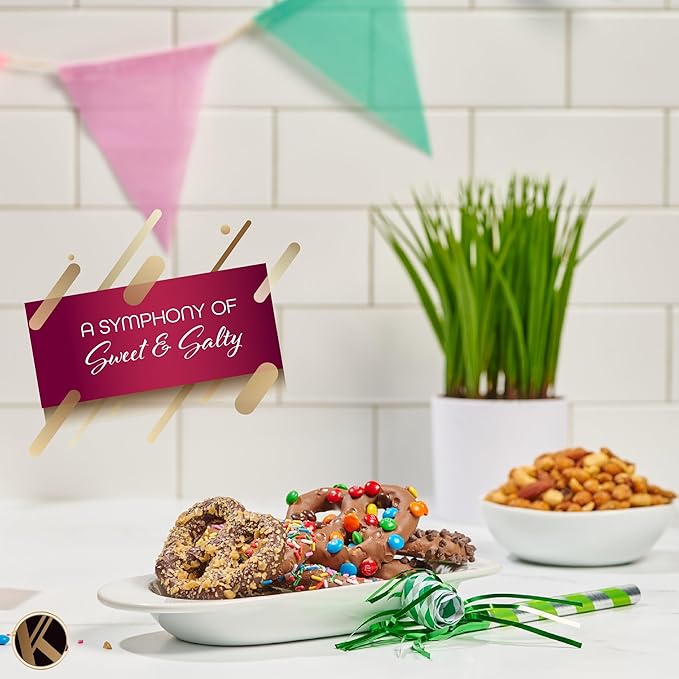 KREMERY Creamy Chocolate Cravings - Valentines Day Chocolate Covered Pretzel Twists Gift Basket, in Confetti Tower (12 Pretzels, Assorted Sweet Toppings) Sweet Treats Food Arrangement, Kosher