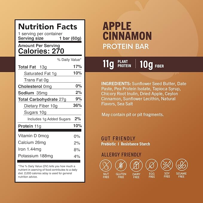Amrita Apple Cinnamon High Protein Bars, 15g Plant Based Protein, Low-Sugar Meal Replacement Bars, Vegan, Gluten-Free, 12 Bars